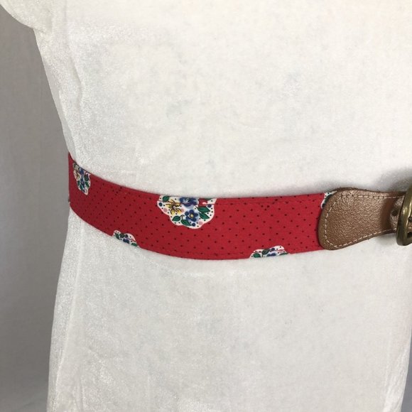 Vintage Leather Belt Red Floral Pattern Brown Leather Buckle Size XS/S - Picture 2 of 6